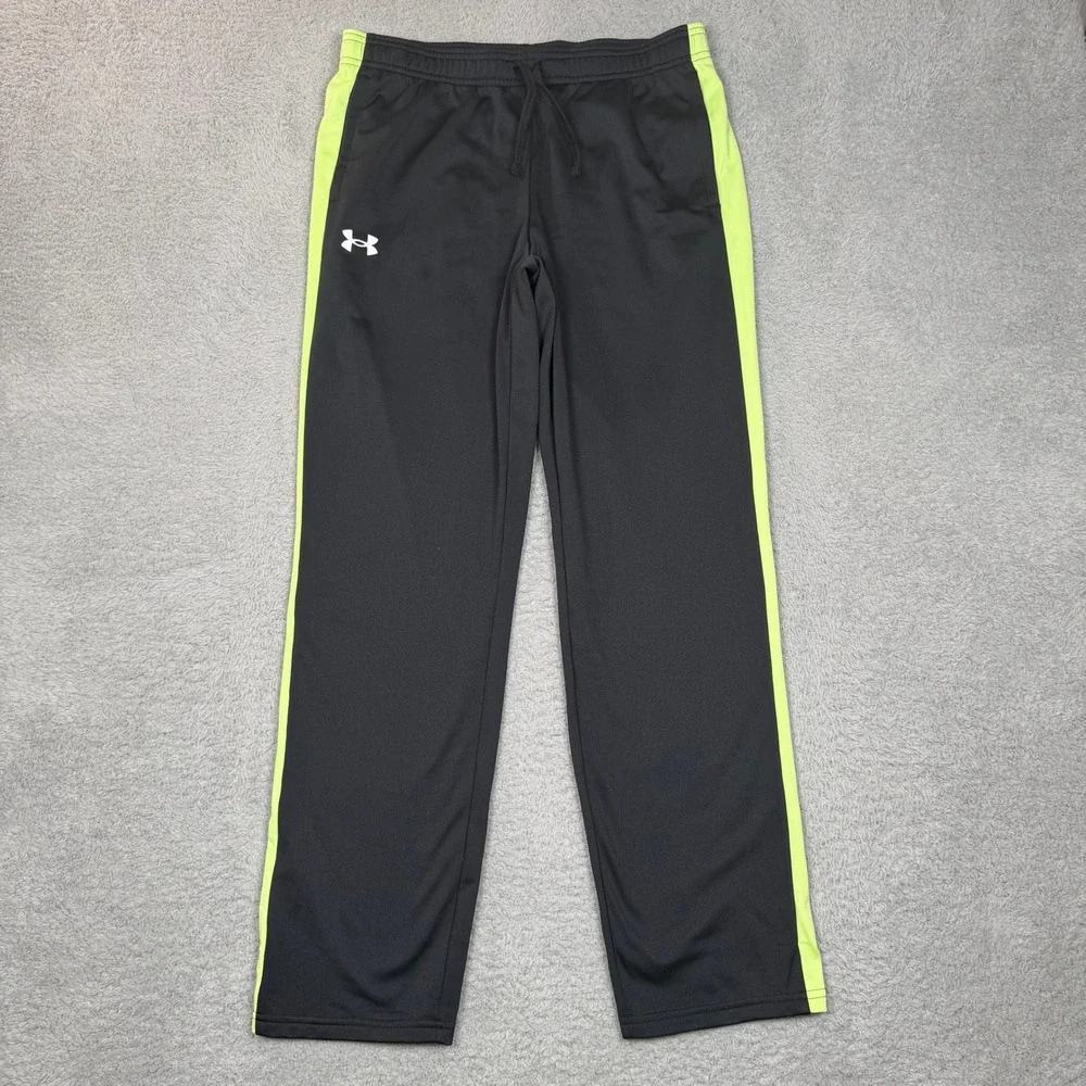 Under Armour Boys YXL Black Neon Yellow Stripe Loose Fit Athletic Track Pants